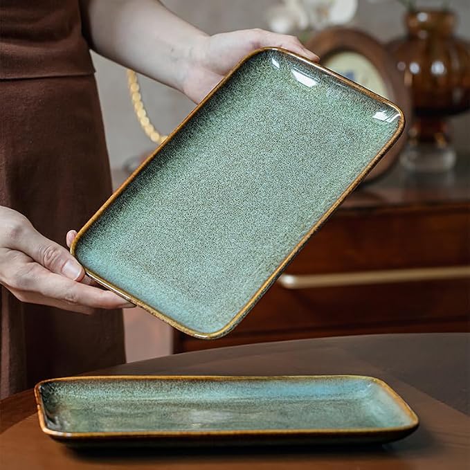2Pcs Unique Glazed Green Ceramic Tray, 10 Inch Rectangular Serving Platter | by Stylitzy