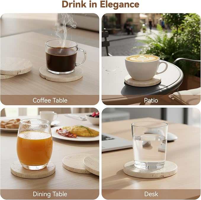 Natural Travertine Stone Coasters Set of 8, Warm Beige, Cork Backing, Stylish & - Image 7