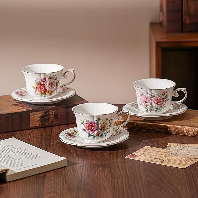 Ceramic Floral Cups with Saucers,7 oz Espresso Cups - Image 7