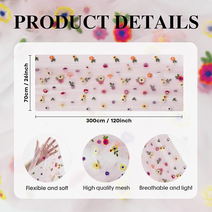 Artoid Mode 6PCS Pink Embroidery Daisy Gauze Table Runner 120 Inch 10FT | - Image 7
