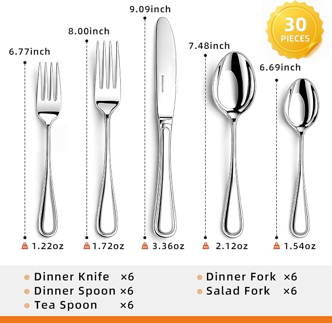 NICE KITCHEN Silverware Set for 6, 30 Piece Heavy Duty Cutlery Set | Mirror - Image 7