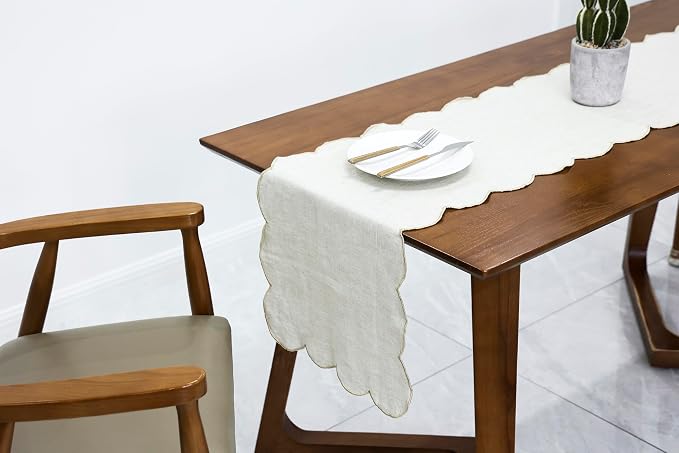 100% Natural Linen Rustic Scalloped Embroidery Table Runner 120 Inches Long - Image 5