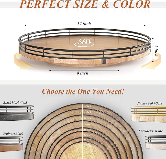 AMH 12-Inch Farmhouse Oak Lazy Susan Organizer | Smooth rotating oak tray - Image 6