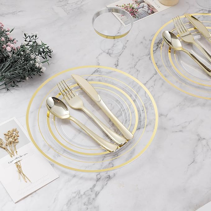 BESTVIP 50Pcs Clear Gold Plastic Plates, 10.25 Inch Disposable Plates | Heavy - Image 6