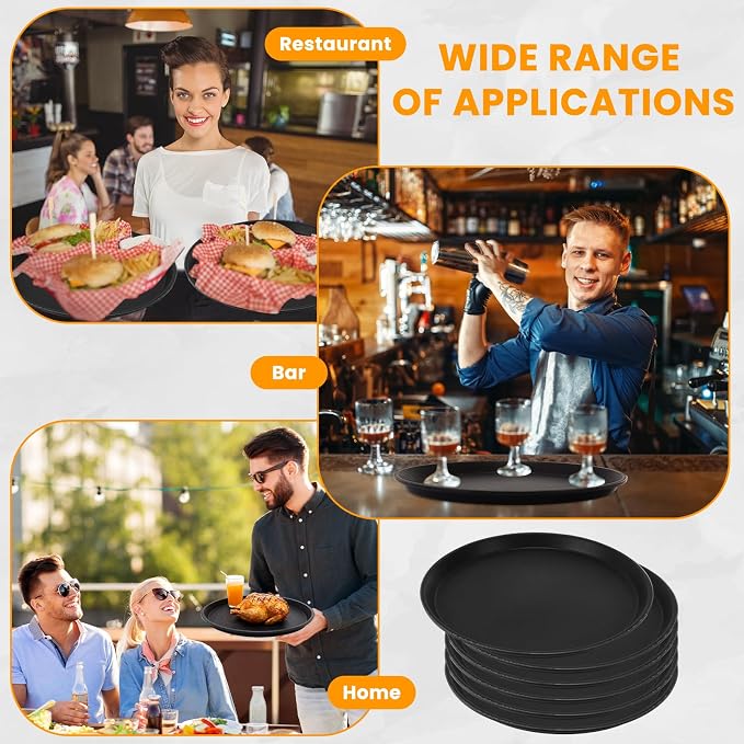 12 Pcs Black Restaurant Serving Trays Bulk Plastic Non Slip Surface Round Drink - Image 7