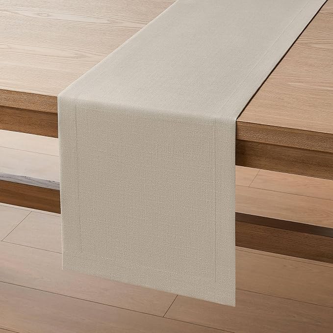 Linen Textured Border Table Runner, 14 x 108 Inch Natural | Mitered Corner - Image 7