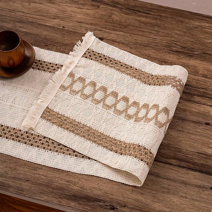 Boho Table Runner with Tassels 12 x 108 Inches Long, Cream & Brown Rustic - Image 7