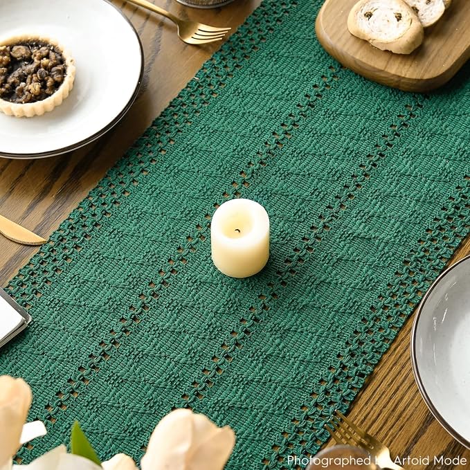Artoid Mode Dark Green Woven Farmhouse Hollow Table Runner 12x108 Inch | - Image 8