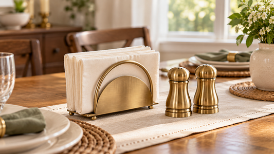 A brass napkin holder with folded napkins beside a matching salt and pepper shaker set on a table