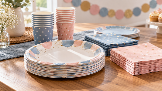 A party pack's plates, cups, and napkins laid out in separate piles showing the per-item breakdown.