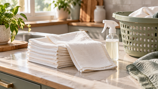 A stack of folded white cloth napkins beside a stain treatment spray and laundry basket, sage green and cream tones