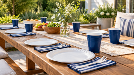 A table set with coordinated white disposable plates, navy cups, and matching striped napkins