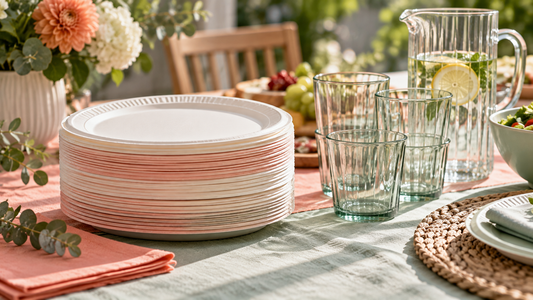 A stack of sturdy disposable plates beside a set of reusable glassware on a party table.