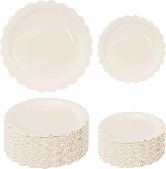 50 Pcs Ivory Scalloped Paper Plates 25 × 7'' and 25 × 9'' Disposable Ivory by FALIZIFU