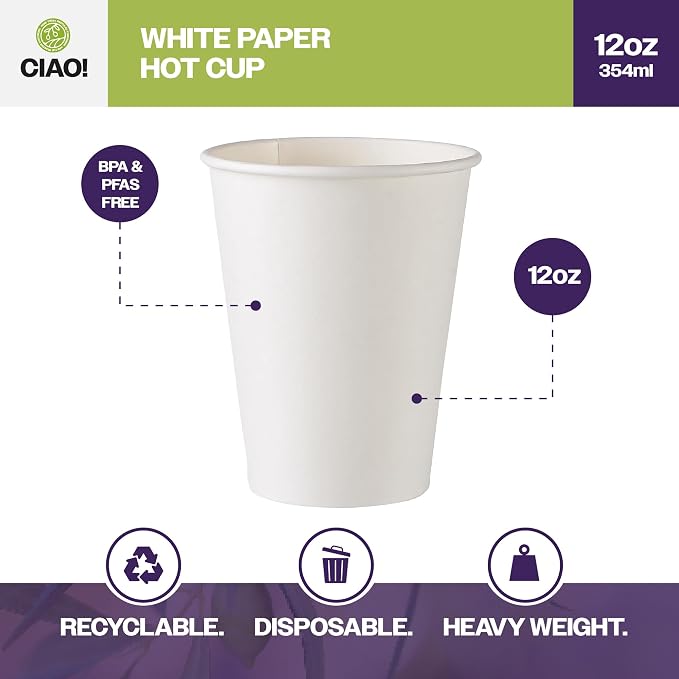 CIAO! 12oz White Paper Hot Cup, Disposable, 90mm Diameter 500 Count - Image 4