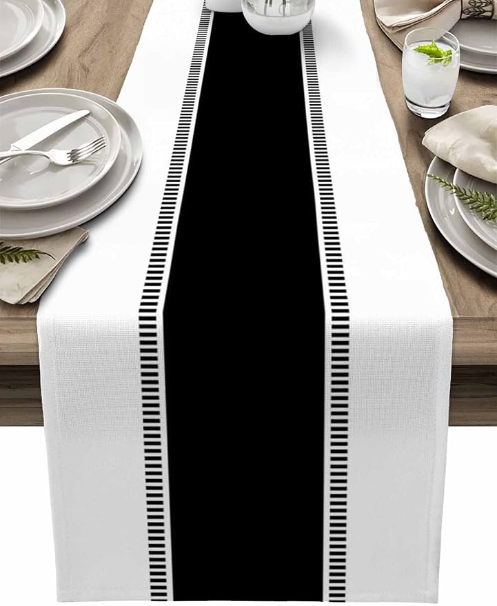 Black and White Table Runners 16x72 inches Long, Non Slip Stripes Table Runner by Futuregrace