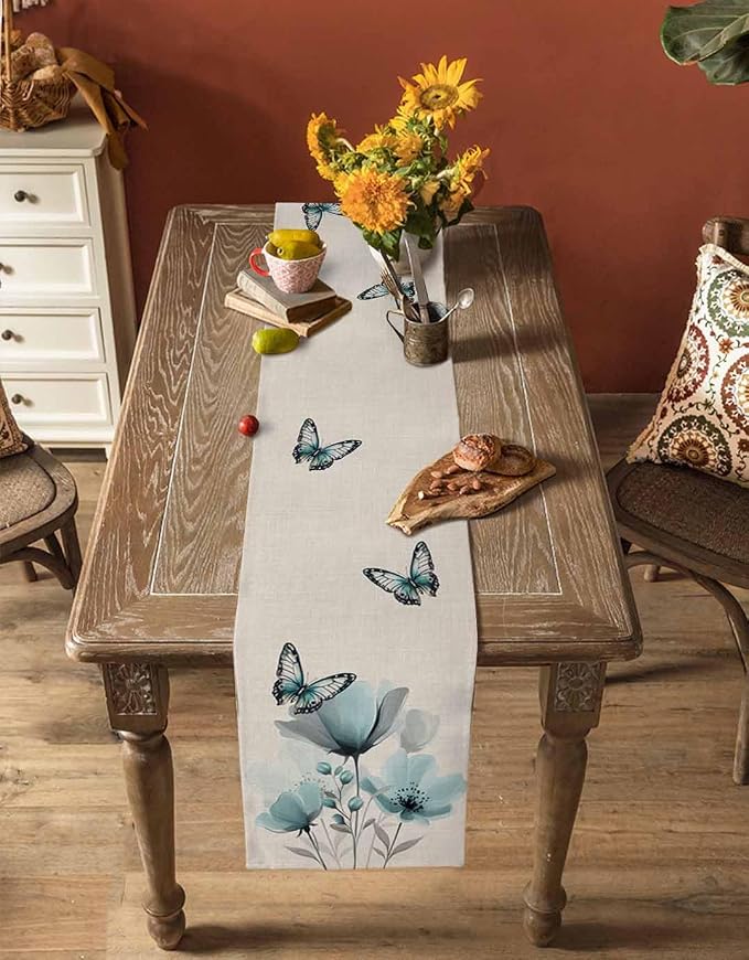 Turquoise Floral Table Runners 120 Inches Long, Spring Flowers Butterfly Table - Image 4