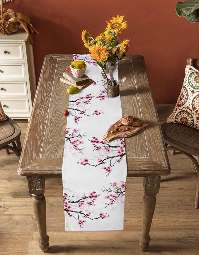Pink Cherry Flowers Short Table Runners 48 Inches, Cotton Linen Fabric Table - Image 4
