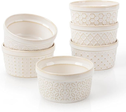 Dowan Ramekins 4 oz Oven Safe Set of 6, Arctic White Porcelain Baking Bowls and by DOWAN