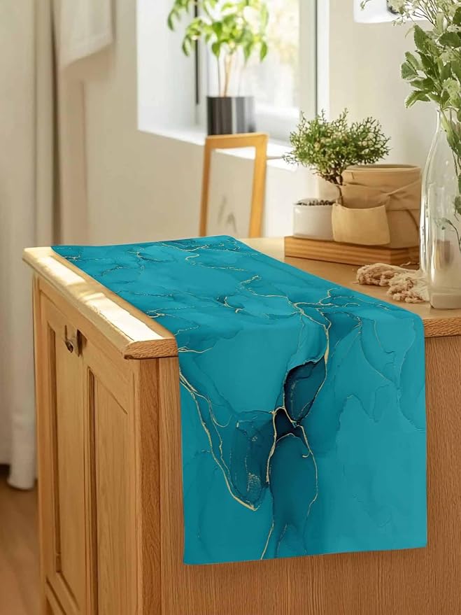 Teal Marble Table Runners 70 Inches Long, Turquoise Marble Crack Table Runner - Image 7
