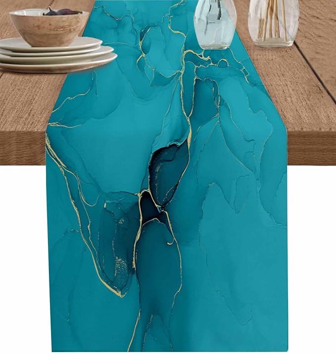 Teal Marble Table Runners 108 Inches Long, Turquoise Marble Crack Table Runner by Unknown