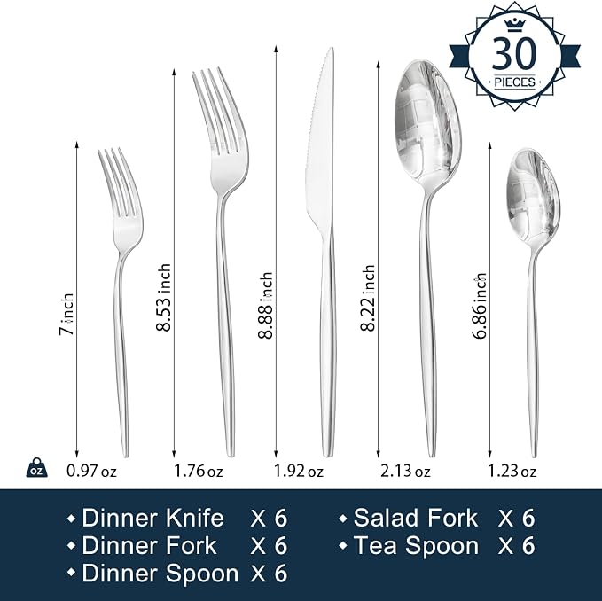 18/10 Silverware Set for 6, 30 Piece Stainless Steel Flatware Cutlery Set | - Image 2