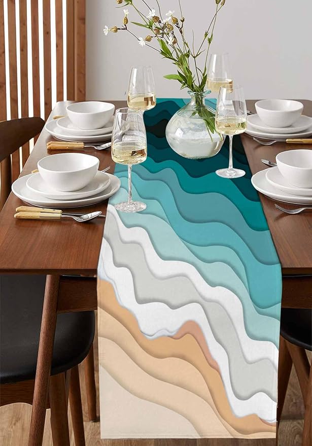Turquoise Geometric Beach Table Runners 120 Inches Long, Cotton Linen Fabric - Image 2