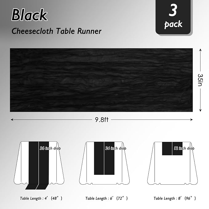 3 Pack Black Cheesecloth Table Runner 120 Inch Boho Wedding Decor | Cheesecloth - Image 2