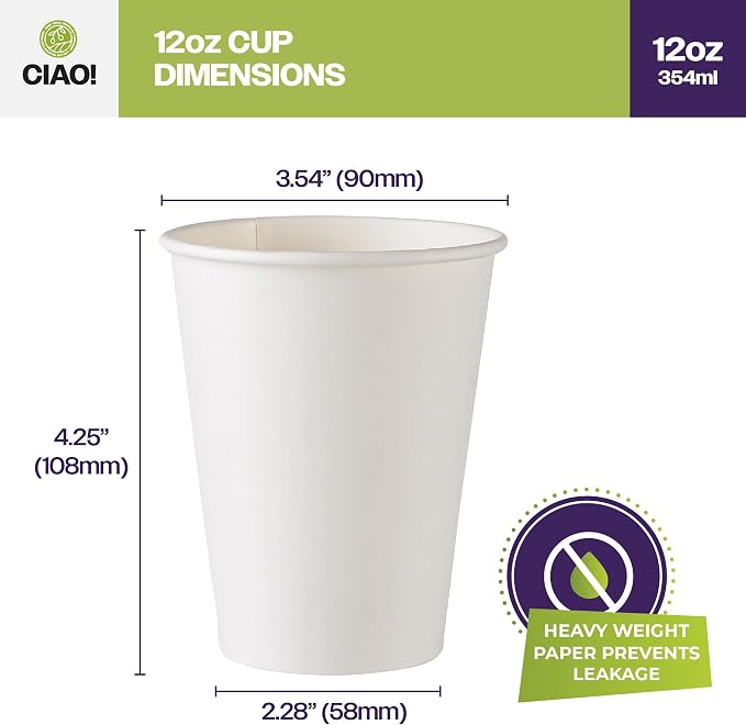 CIAO! 12oz White Paper Hot Cup, Disposable, 90mm Diameter 500 Count - Image 2