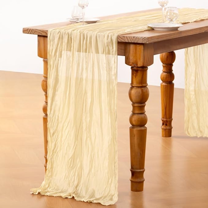 DeZerlor Beige Cheesecloth Table Runners 4 Pack Summer Boho Runners | 120Inches - Image 6