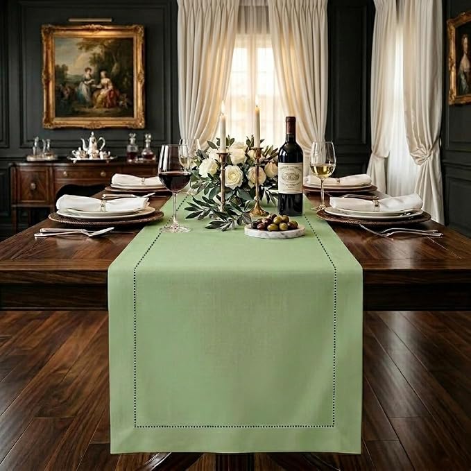 Signature Linen™ by D'Moksha Sage Green Table Runner 144 Inches Long, 100% Pure by DMokshaHomes