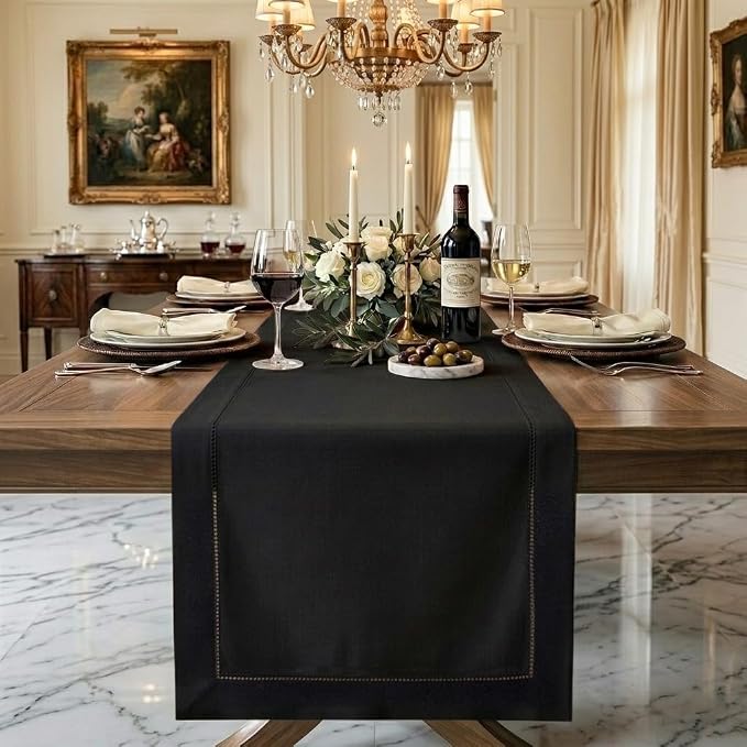Signature Linen™ by D'Moksha Black Table Runner 132 Inches Long, 100% Pure Linen by DMokshaHomes