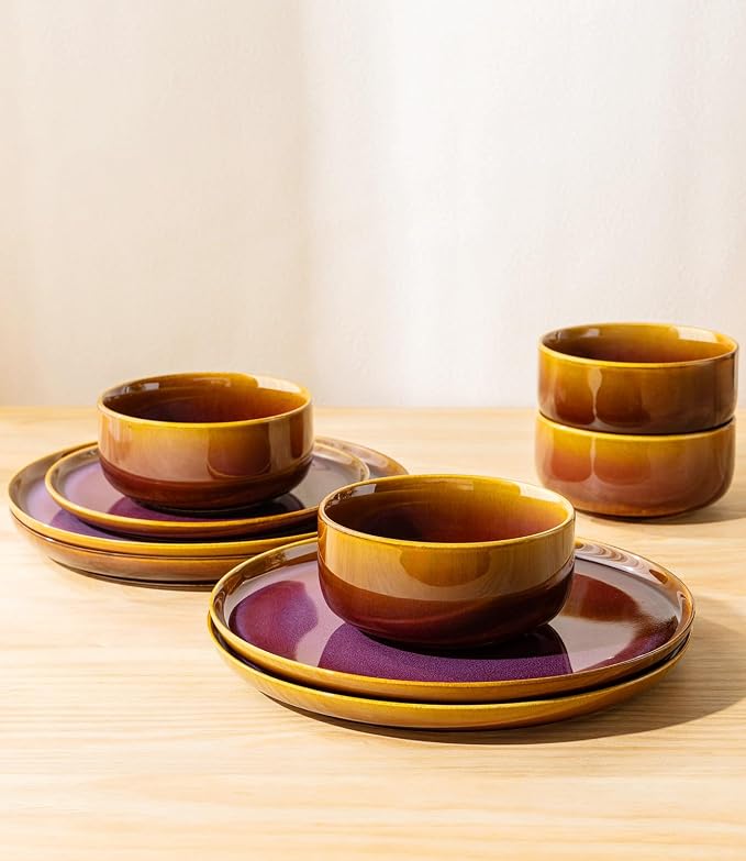 Ceramic Dinnerware Set for 4, 12-Piece Plates and Bowls Set | Handmade Reactive - Image 5
