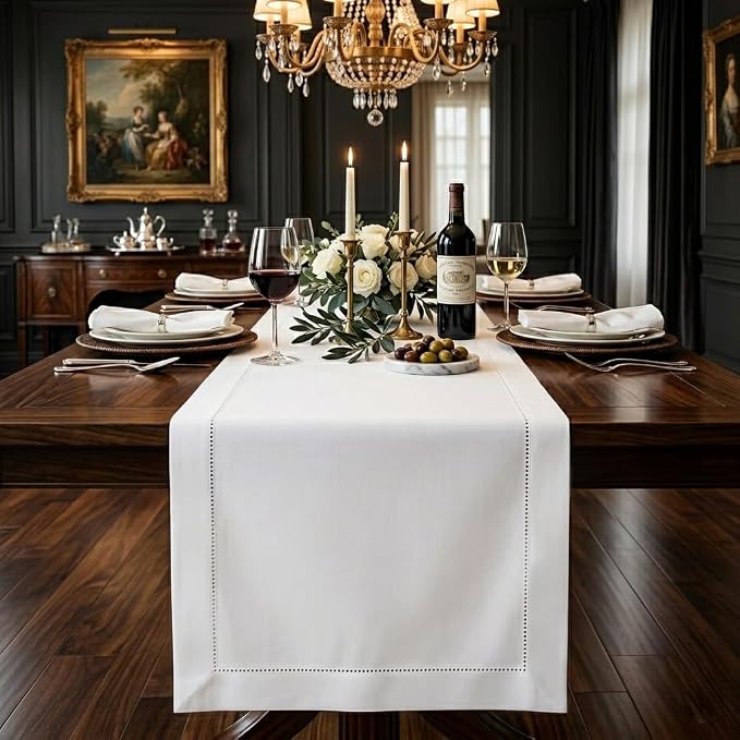 Signature Linen™ by D'Moksha White Table Runner 84 Inches Long, 100% Pure Linen by DMokshaHomes