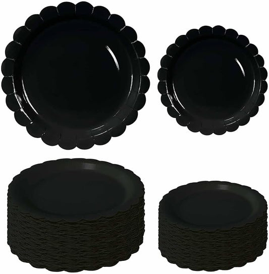 50 Pcs Black Scalloped Paper Plates 25 × 7'' and 25 × 9'' Disposable Black by FALIZIFU