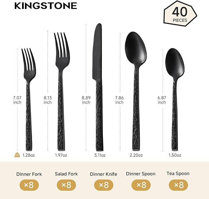 40 Pcs Black Hammered Silverware Set - Image 2