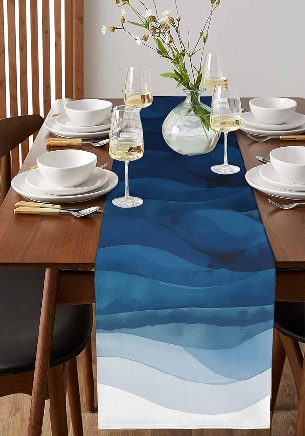 Navy Blue Ombre Table Runners 108 Inches Long, Abstract Modern Stripe Table - Image 2
