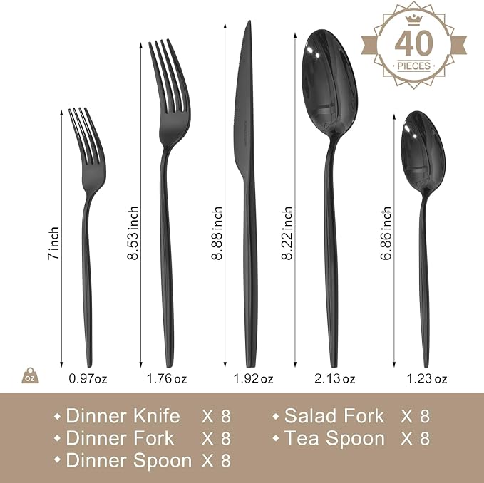 18/10 Silverware Set for 8, 40 Piece Black Stainless Steel Flatware Cutlery | - Image 2