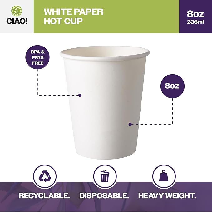 CIAO! 8oz White Paper Hot Cup, Disposable, 80mm Diameter 500 Count - Image 4