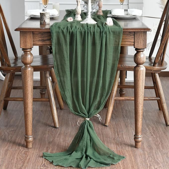 Artoid Mode Boho Forest Green Gauze 3 Pieces Wedding Table Runner, 120 Inch - Image 3