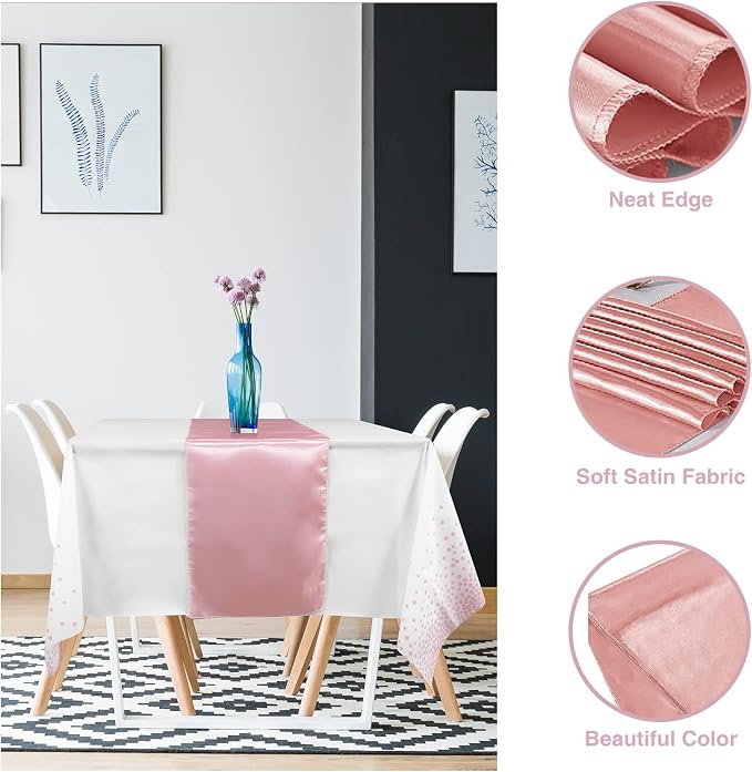 12 Pack Disposable Plastic Tablecloths and Satin Table Runner Set White and - Image 3