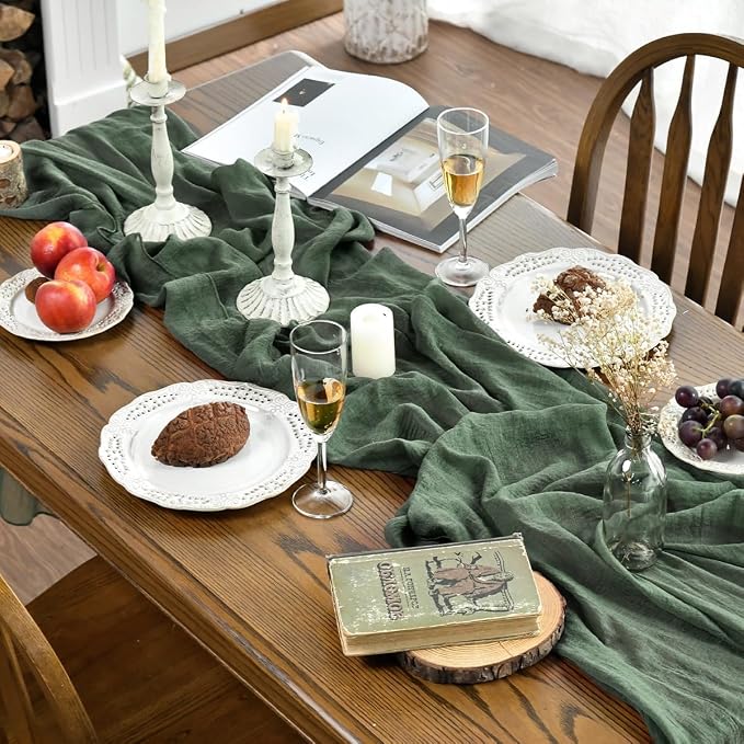 Artoid Mode Boho Forest Green Gauze 3 Pieces Wedding Table Runner, 120 Inch - Image 4
