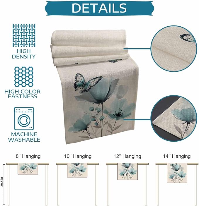Turquoise Floral Table Runners 120 Inches Long, Spring Flowers Butterfly Table - Image 8