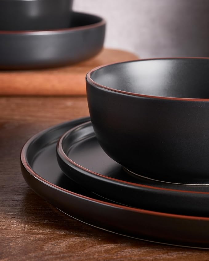 Famiware Mercury 16-Piece Stoneware Plates and Bowls, Matte Black | Dinnerware - Image 4