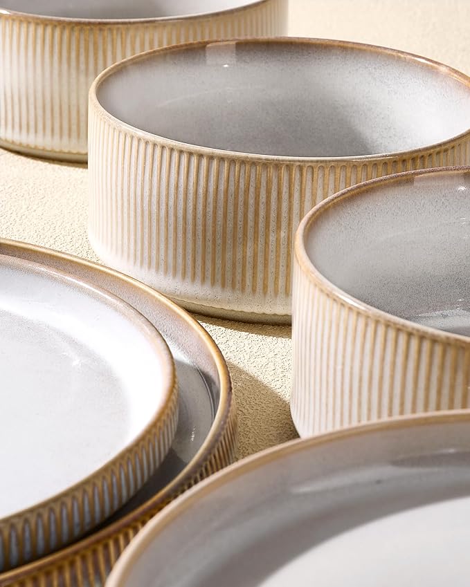 Ceramic Plates & Bowls Sets for 6, Handmade Reactive Glaze | Cappuccino White - Image 4