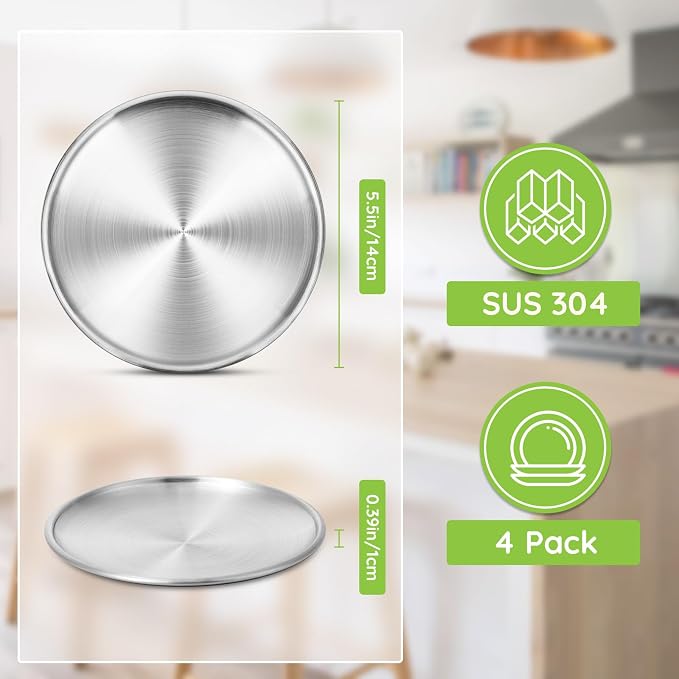 Stainless Steel Plates, 4 Pack 5.5 inch 304 Metal Food Serving Plate Set - Image 2