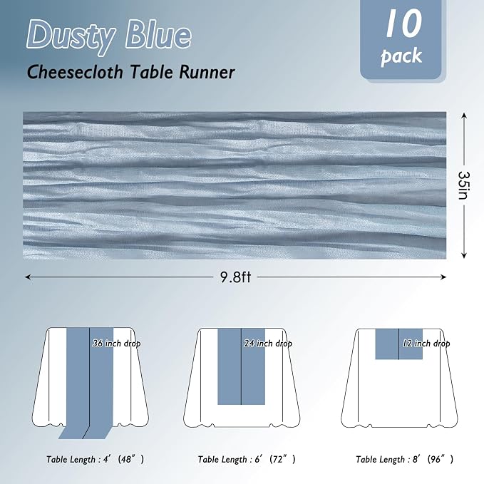 6 Pack Dusty Blue Cheesecloth Table Runner 120 Inch Boho Wedding Decor | - Image 2