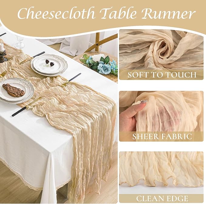 3 Pack Champagne Table Runner Summer Boho Cheesecloth Table Runner Gauze Table - Image 2