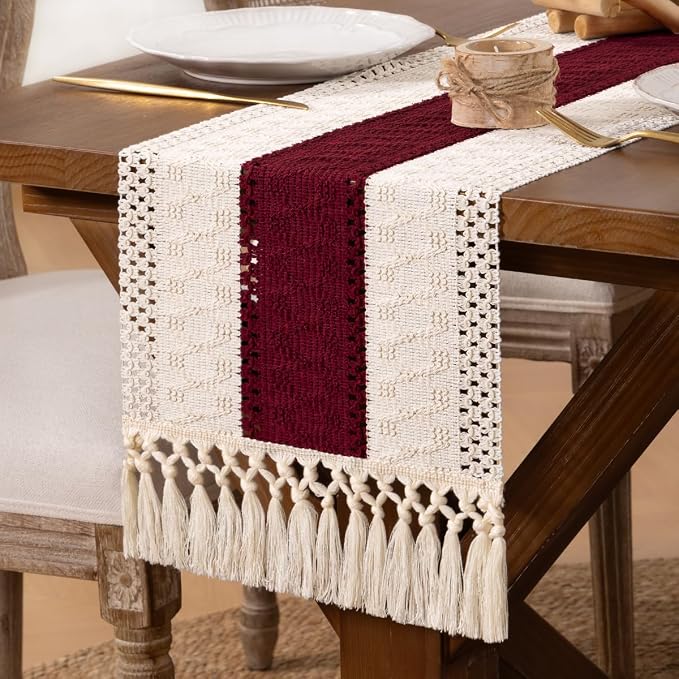 DeZerlor Ivory&Burgundy Boho Macrame Farmhouse Woven Table Runner 60Inch | - Image 7