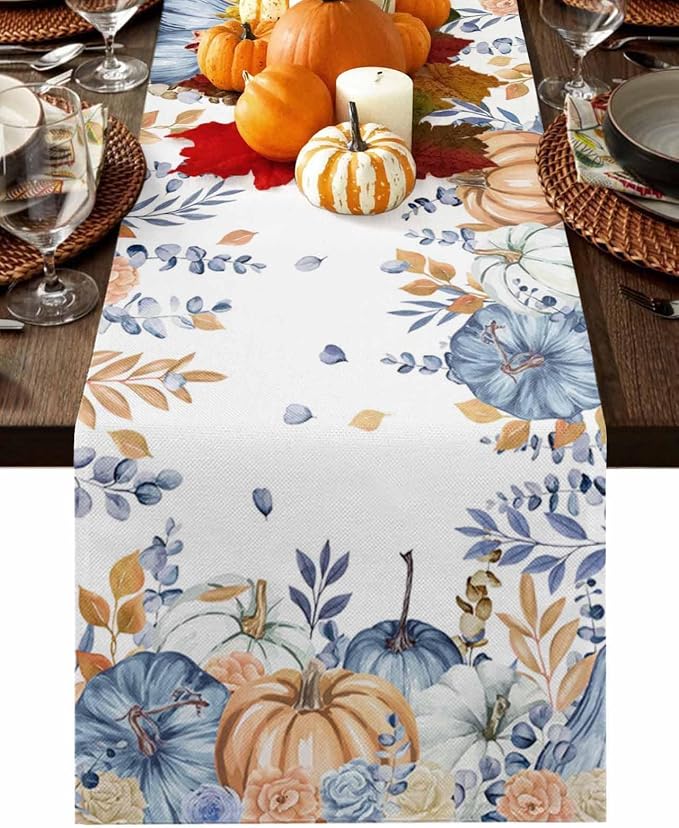 Blue Pumpkin Fall Table Runner 108 Inches Long, Thanksgiving Floral Eucalyptus by Unknown